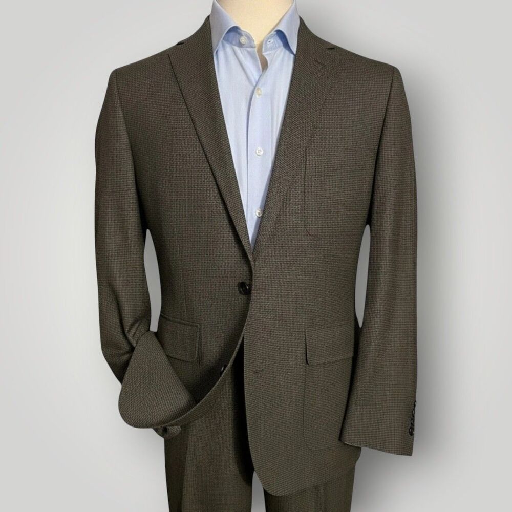 LANDS END Mens 2 Piece Suit Blazer Jacket 40R Pant 33Wx29L Wool Houndstooth